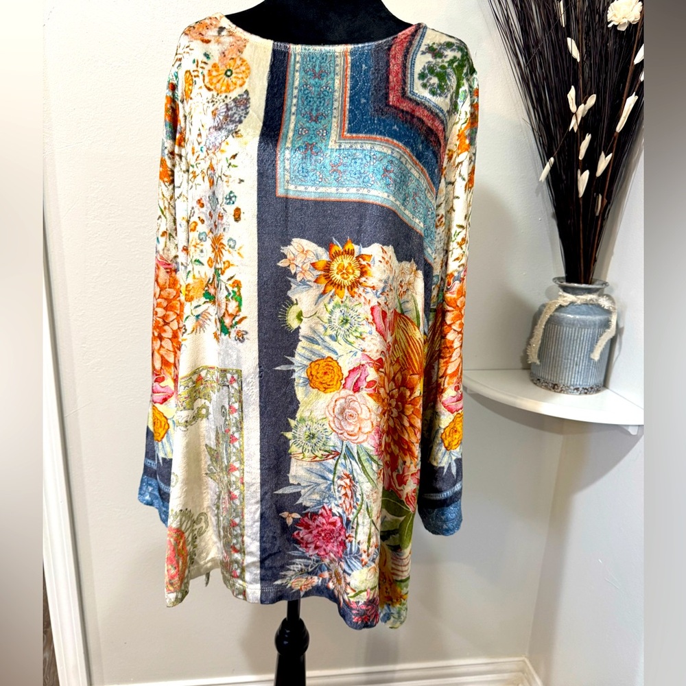 Soft Surroundings Floral Patchwork Tunic Top in Blue, Cream, Orange